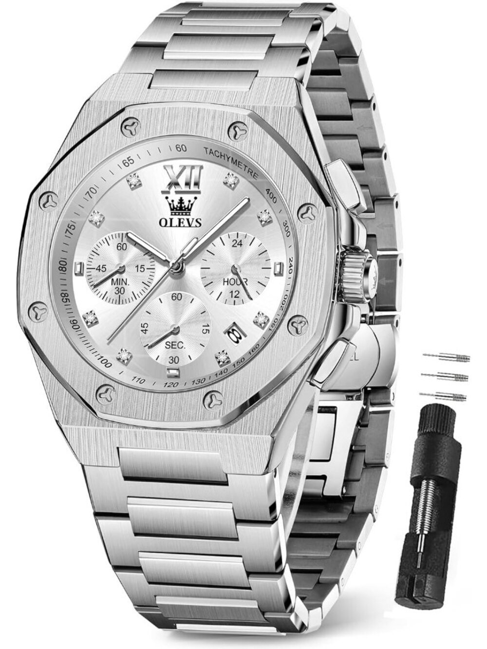 Men's Silver Luxury Stainless Octagon Analog Quartz Chronograph Waterproof Watch